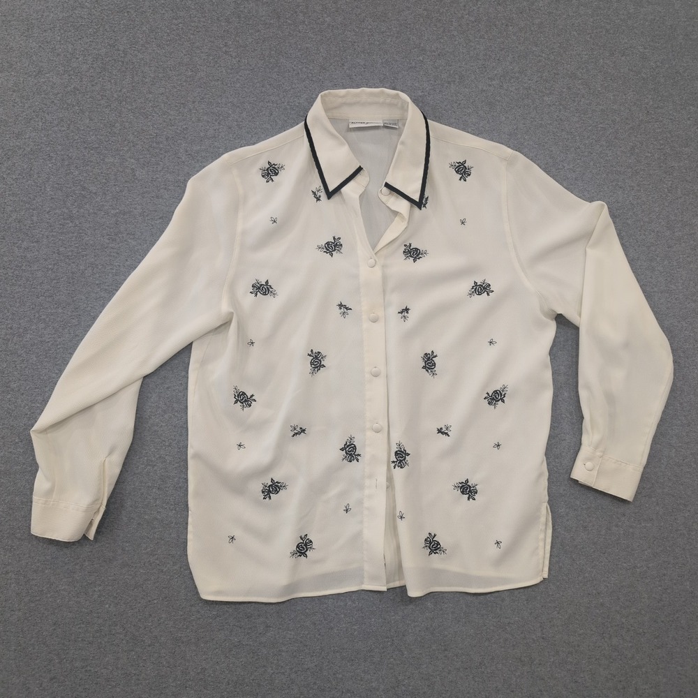Alfred Dunner Womens Shirt Cream Rose Embroidered Collared Button‎ Up Size 14